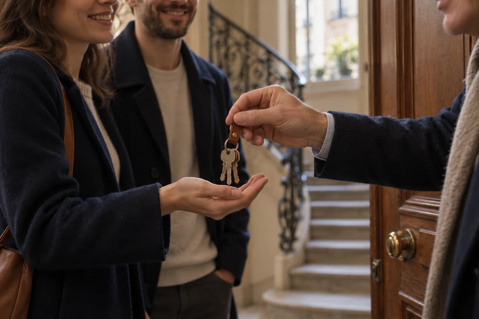 Remise des clés à de nouveaux locataires sur le palier d’un immeuble ancien